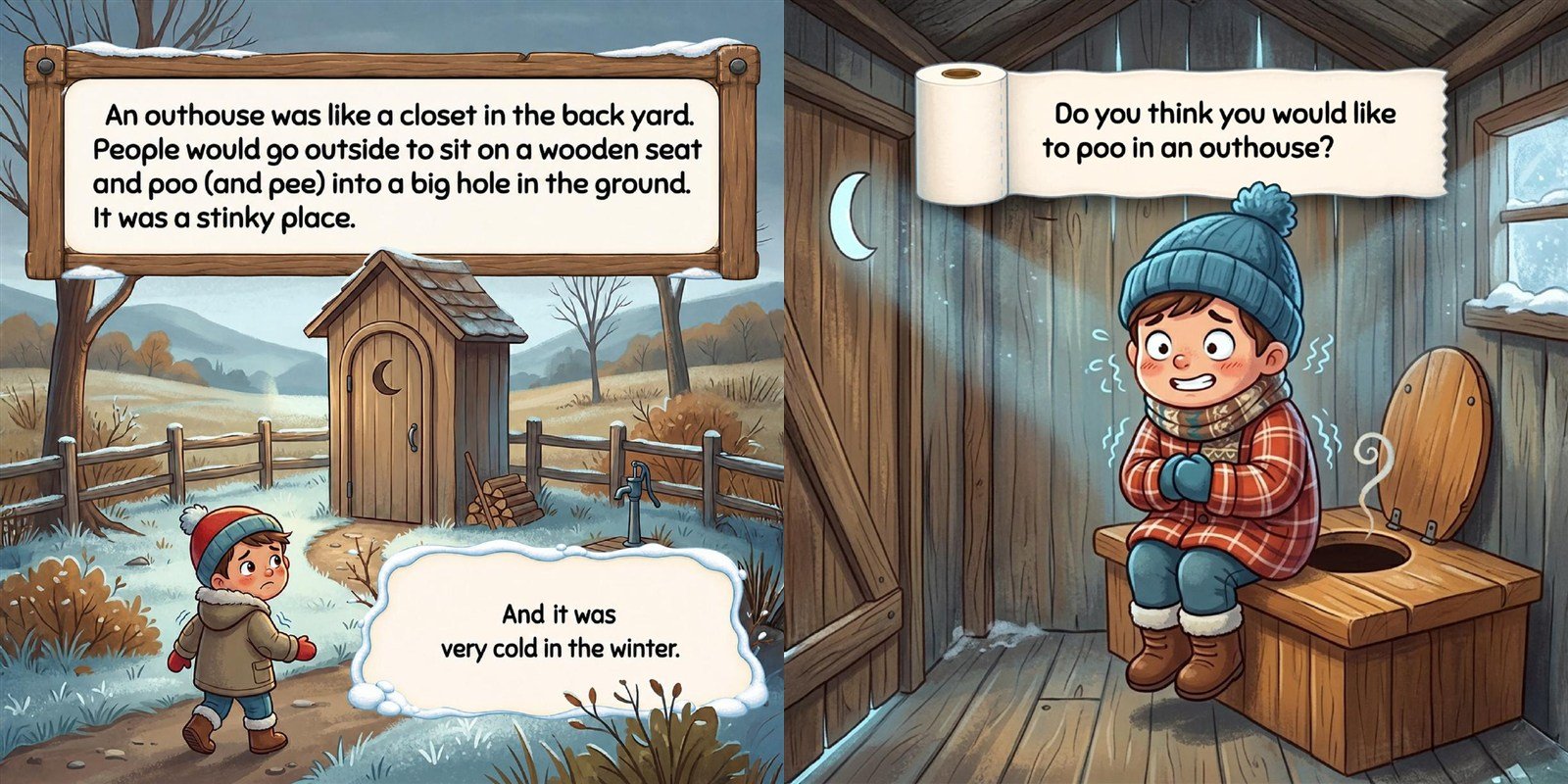 Finished spread from POO POOPIE DOO!: a wooden outhouse in a snowy yard
