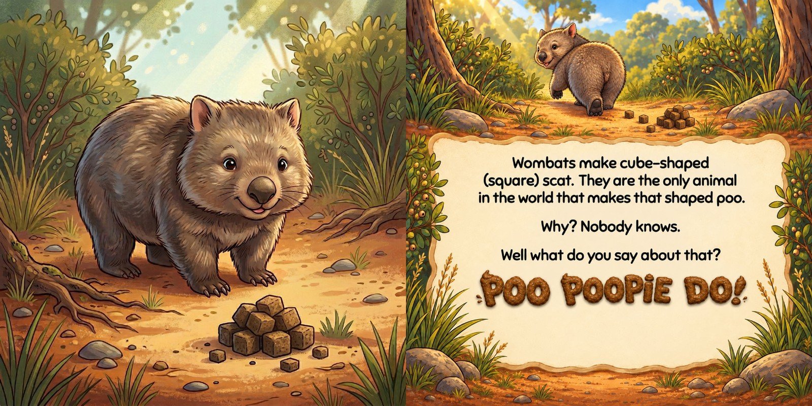 A spread from the book explaining that wombats make cube-shaped scat